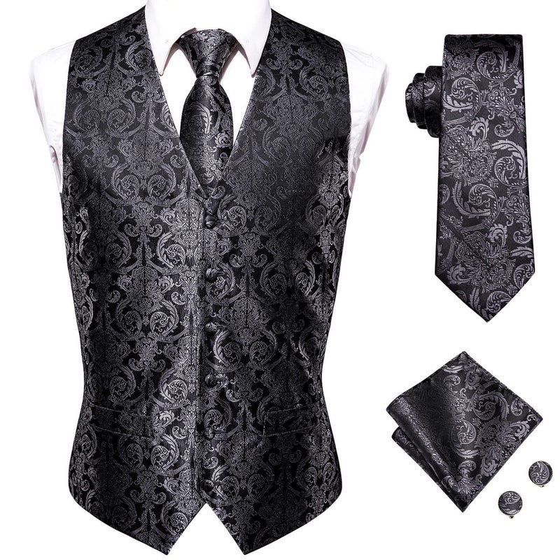 Hi-Tie Black and Silver Flower Vests and Tie Set for Men Silk Suit Vest Jacquard Formal Dress Waistcoat for Tuxedo Wedding Party Business - Image 1